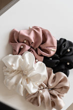 Load image into Gallery viewer, Modern Lux Hair Jewelry ONLY REAL SILK Scrunchies in Pink, Champage, White, Black color, embroidered with fresh water pearl