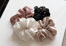 Load image into Gallery viewer, Modern Lux Hair Jewelry ONLY REAL SILK Scrunchies in Pink, Champage, White, Black color, embroidered with fresh water pearl