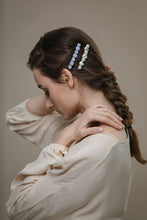 Load image into Gallery viewer, Model wearing modern Lux Hair Jewelry GIONNY Baroque Pearl Barrette and SELENE Blue Chalcedony Barrette on the side of her braided hair