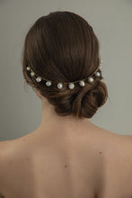 Load image into Gallery viewer, Model wearing Modern Lux Hair Jewelry GIONNY Baroque Pearl Headband in 14k gold plated metal at the back of her hair updo