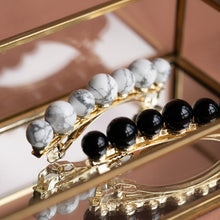 Load image into Gallery viewer, Modern Lux Hair Jewelry SELENE Barrette in onyx and howlite in 14k gold plated metal
