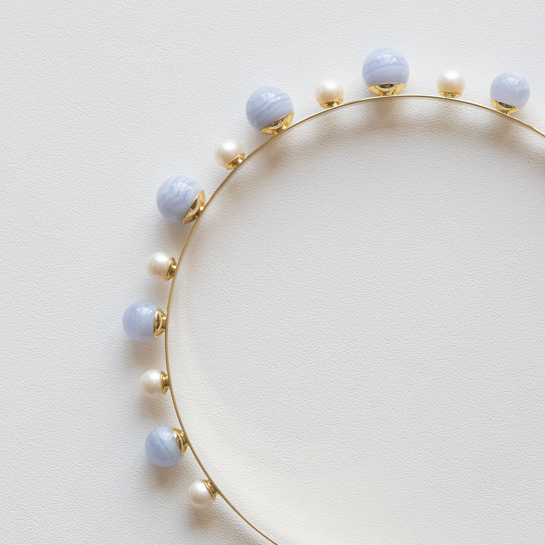 Modern Lux Hair Jewelry ESTELLE Heaadband set with Blue Chalcedony beads and fresh water pearl in 14k gold plated metal 