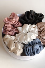 Load image into Gallery viewer, Modern Lux Hair Jewelry ONLY REAL SILK Scrunchies in Pink, Champage, Blue, White, Beige, Black color, placed in a white round box
