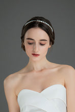 Load image into Gallery viewer, Model in white wedding dress wearing modern lux hair jewelry GALIA Single Row Baroque Pearl Headband
